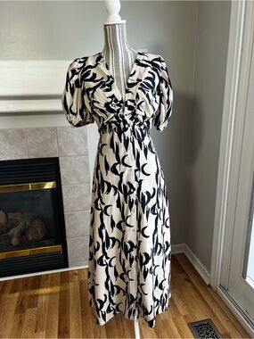 Glamorous Black & Cream Midi Dress with Puff Sleeves